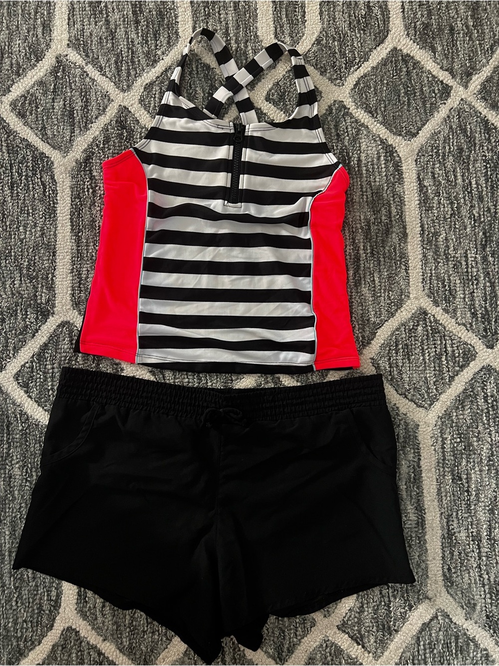 Cat & Jack Black and White Striped Tankini Set with Neon Pink Sides